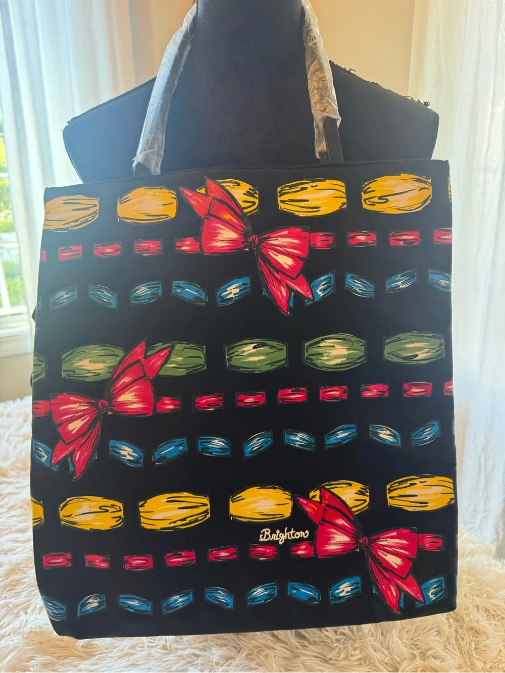 Brighton Tote with Multicolor Bow Print and Big Satin Bow - Picture 2 of 8